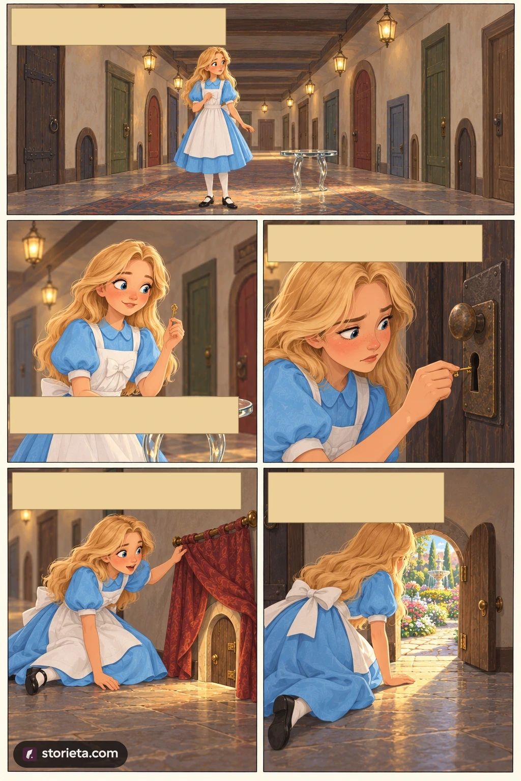 Alice's Adventures in Wonderland, illustrated page 6: There were doors all round the hall, but they were all locked.