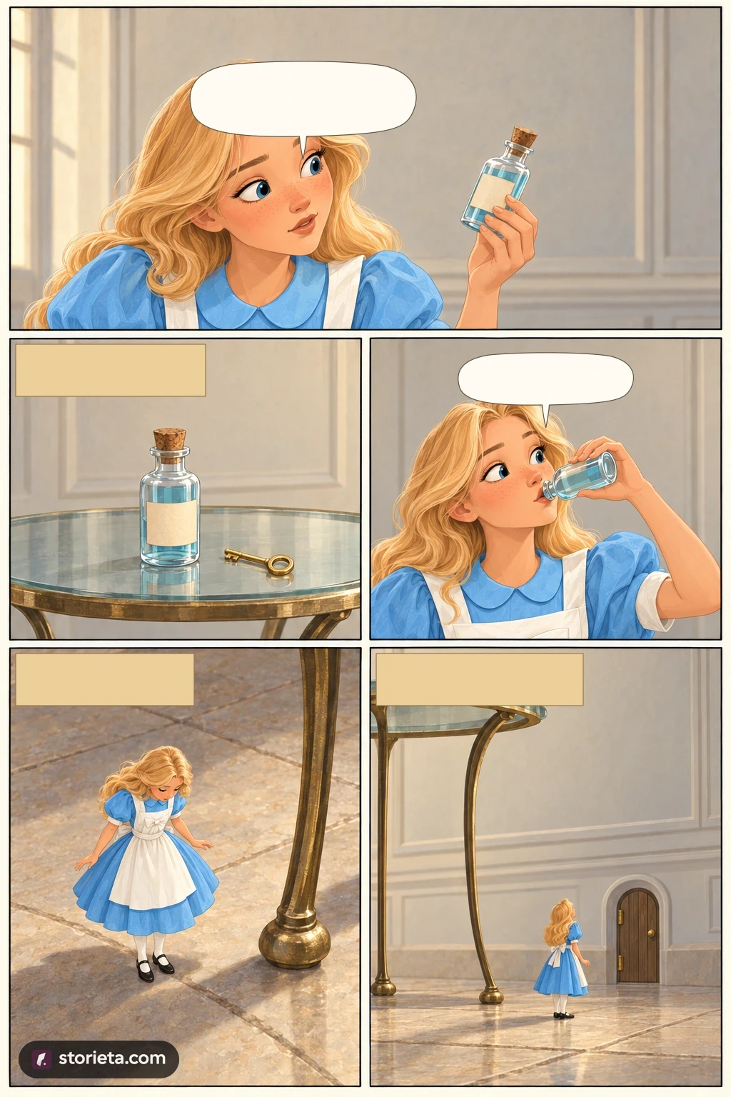 Alice's Adventures in Wonderland, illustrated page 7: No, I’ll look first, and see whether it’s marked ‘poison’ or not.