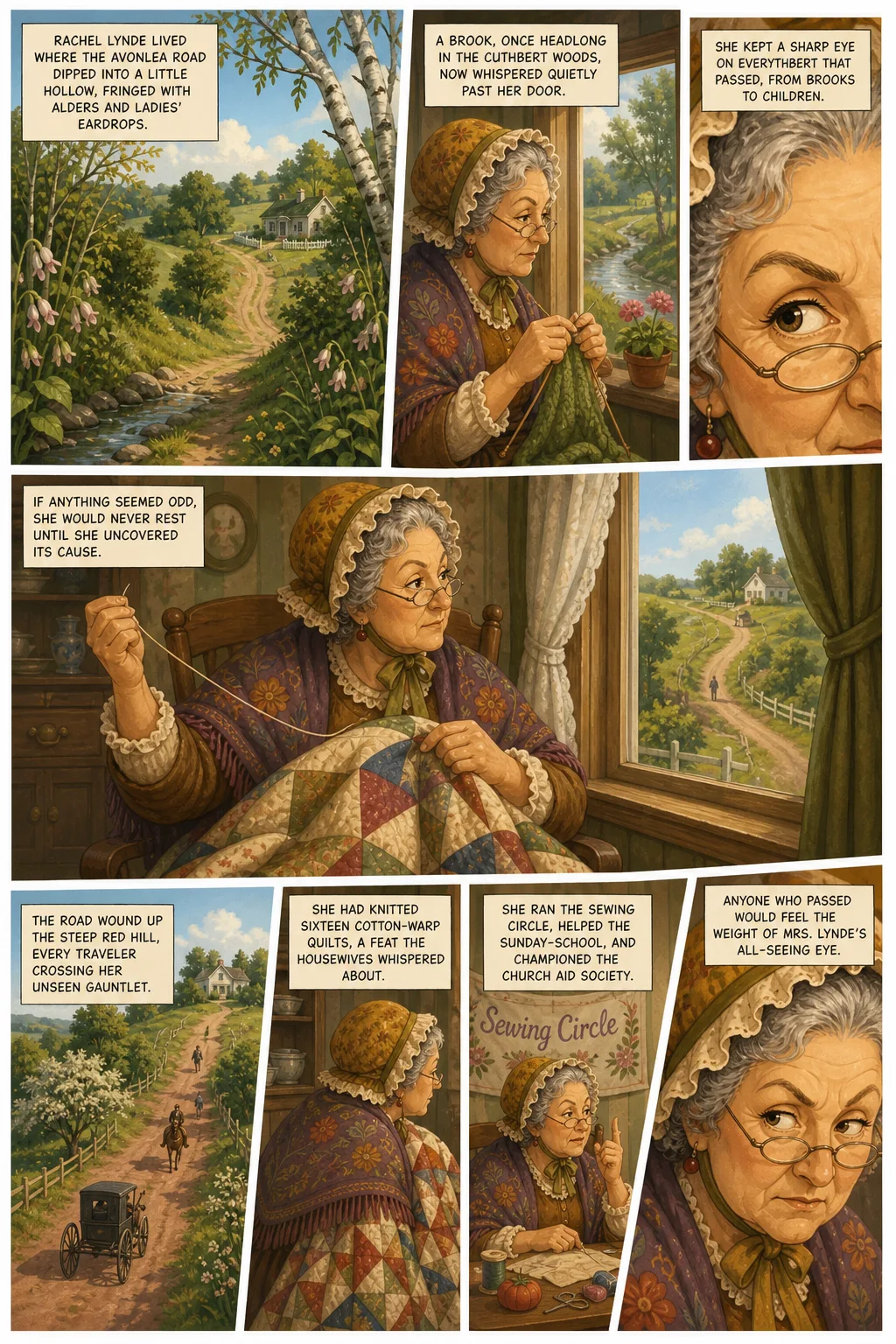 Anne of Green Gables, illustrated page 1: Rachel Lynde lived where the Avonlea road dipped into a little hollow, fringed with alders and ladies’ eardrops.