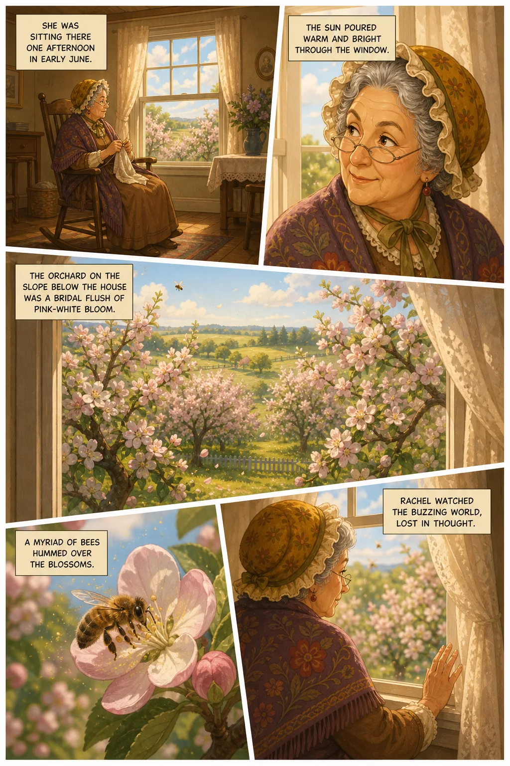 Anne of Green Gables, illustrated page 2: She was sitting there one afternoon in early June.