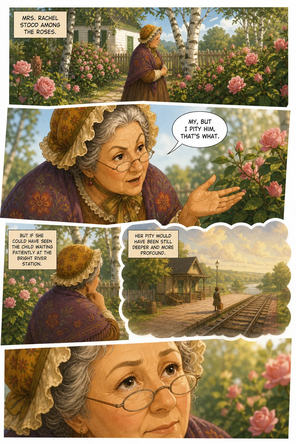 Anne of Green Gables, illustrated page 15: Mrs. Rachel stood among the roses.