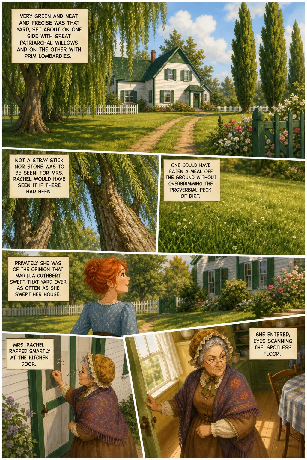 Anne of Green Gables, illustrated page 5: Very green and neat and precise was that yard, set about on one side with great patriarchal willows and on the other with prim Lombardies.