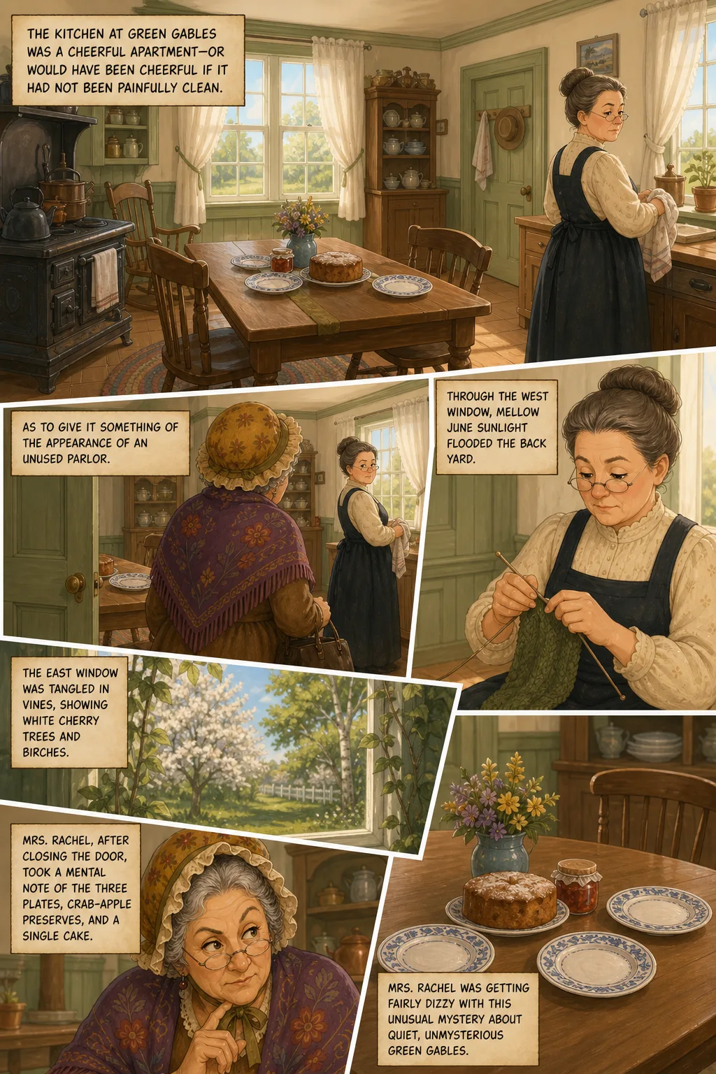 Anne of Green Gables, illustrated page 6: The kitchen at Green Gables was a cheerful apartment—or would have been cheerful if it had not been painfully clean