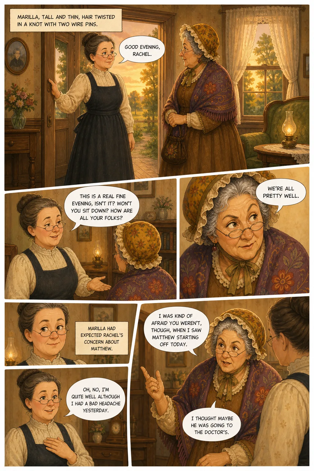 Anne of Green Gables, illustrated page 7: Marilla, tall and thin, hair twisted in a knot with two wire pins.