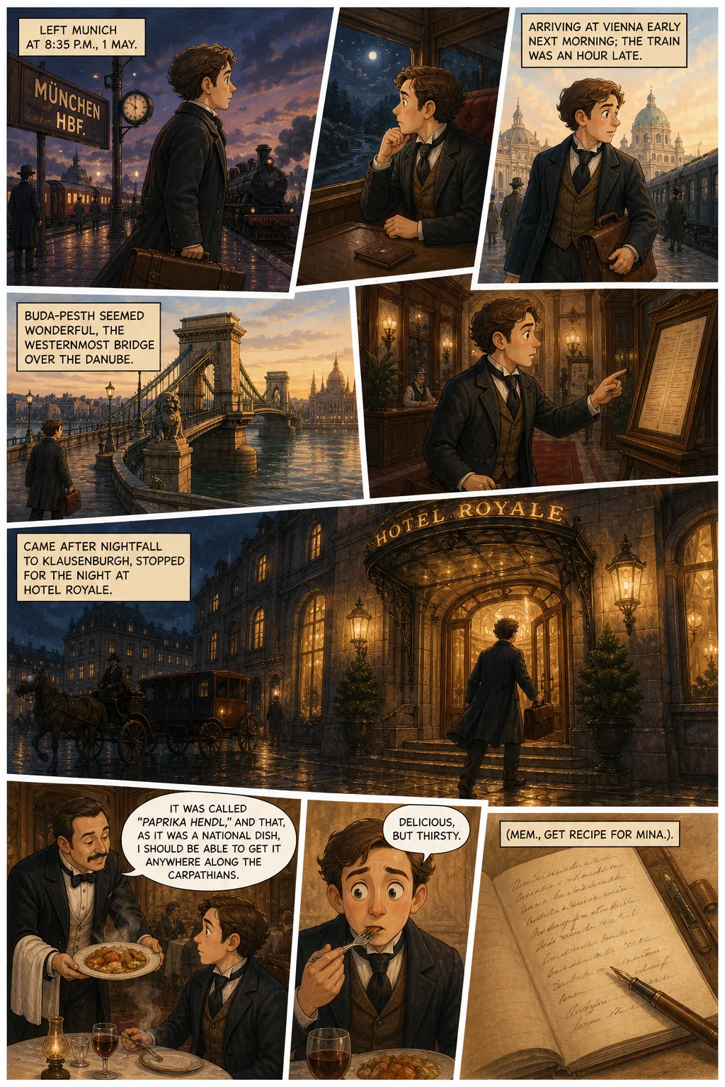 Dracula, illustrated page 1: Left Munich at 8:35 p.m., 1 May.