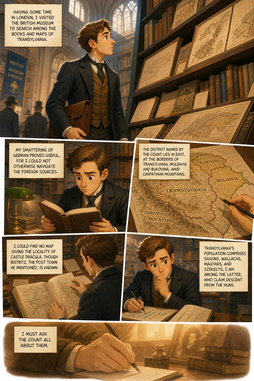 Dracula, illustrated page 2: Having some time in London, I visited the British Museum to search among the books and maps of Transylvania.