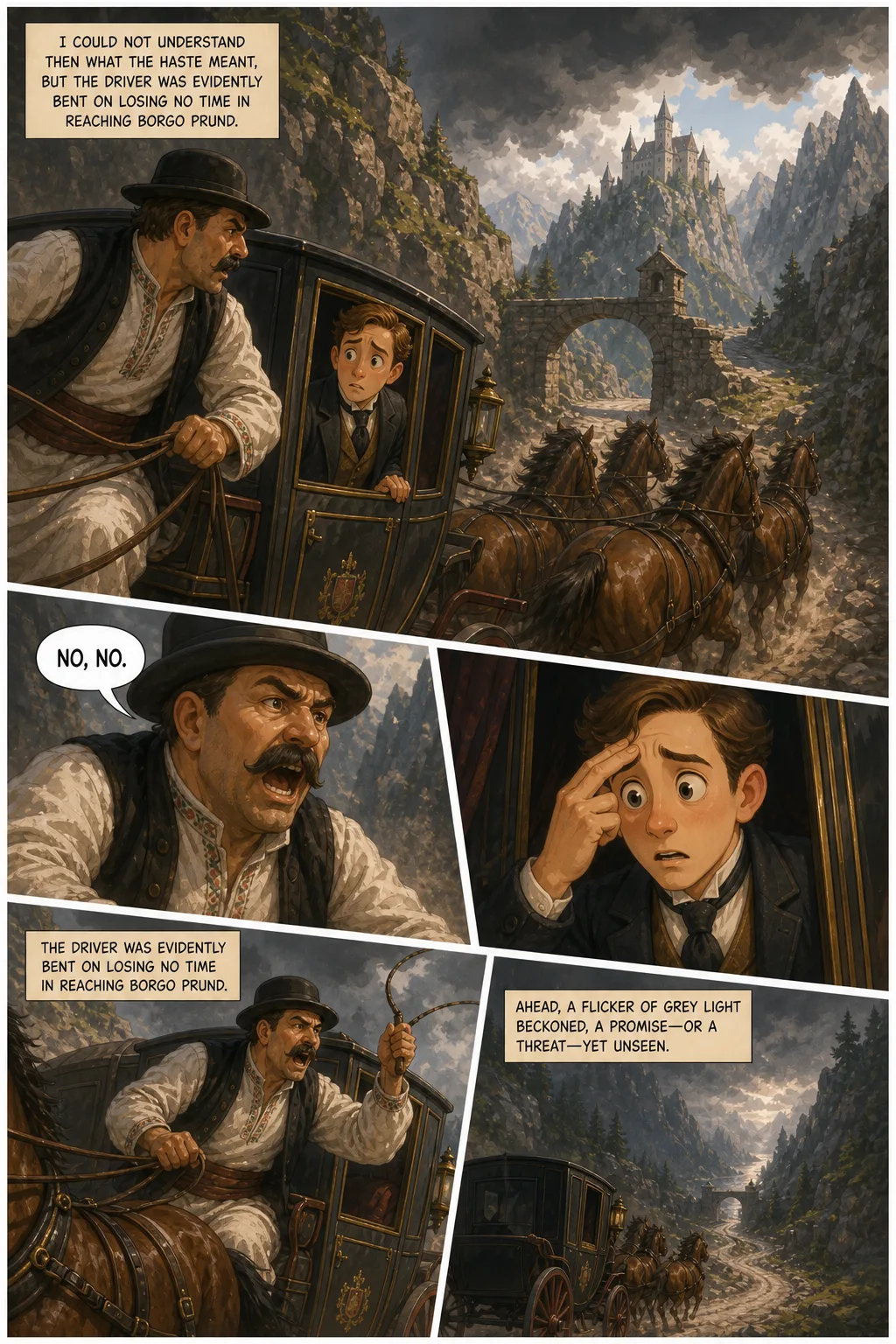 Dracula, illustrated page 11: I could not understand then what the haste meant, but the driver was evidently bent on losing no time in reaching Borgo Prund.