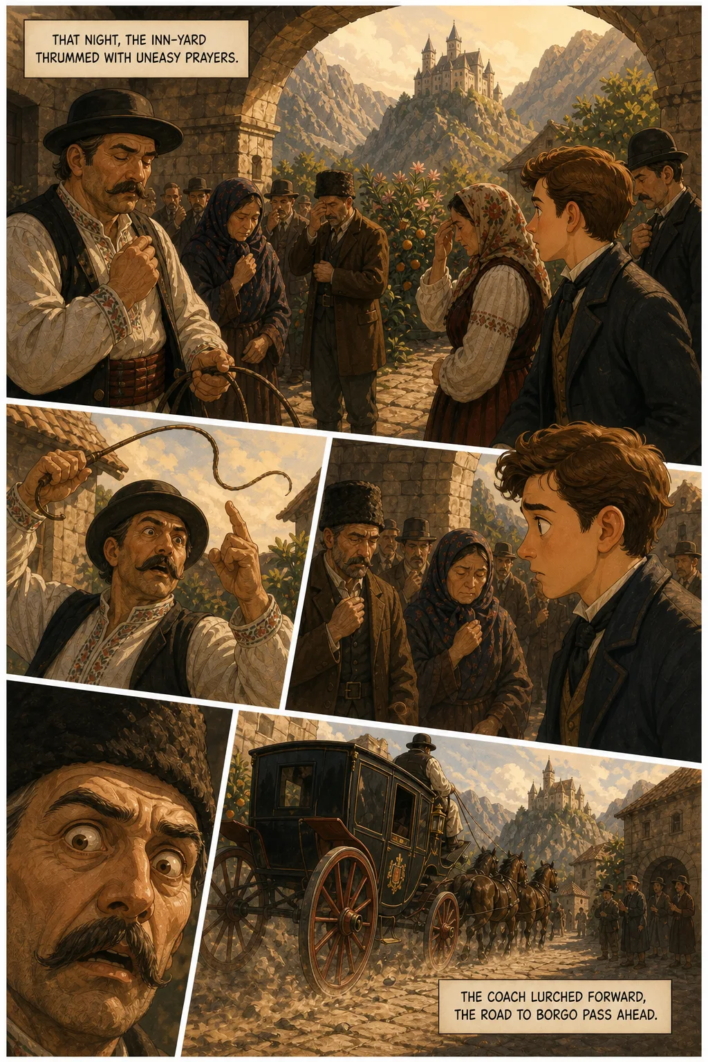 Dracula, illustrated page 12: That night, the inn‑yard thrummed with uneasy prayers.