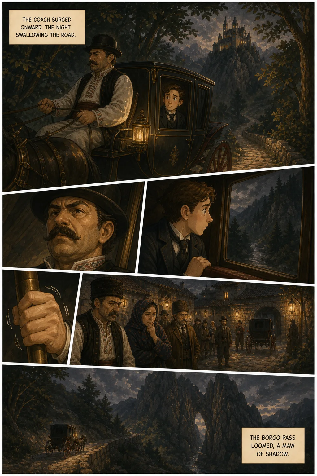 Dracula, illustrated page 13: The coach surged onward, the night swallowing the road.