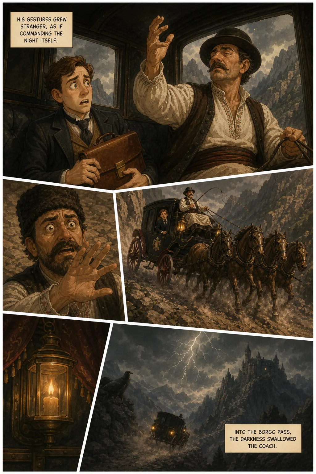 Dracula, illustrated page 14: His gestures grew stranger, as if commanding the night itself.