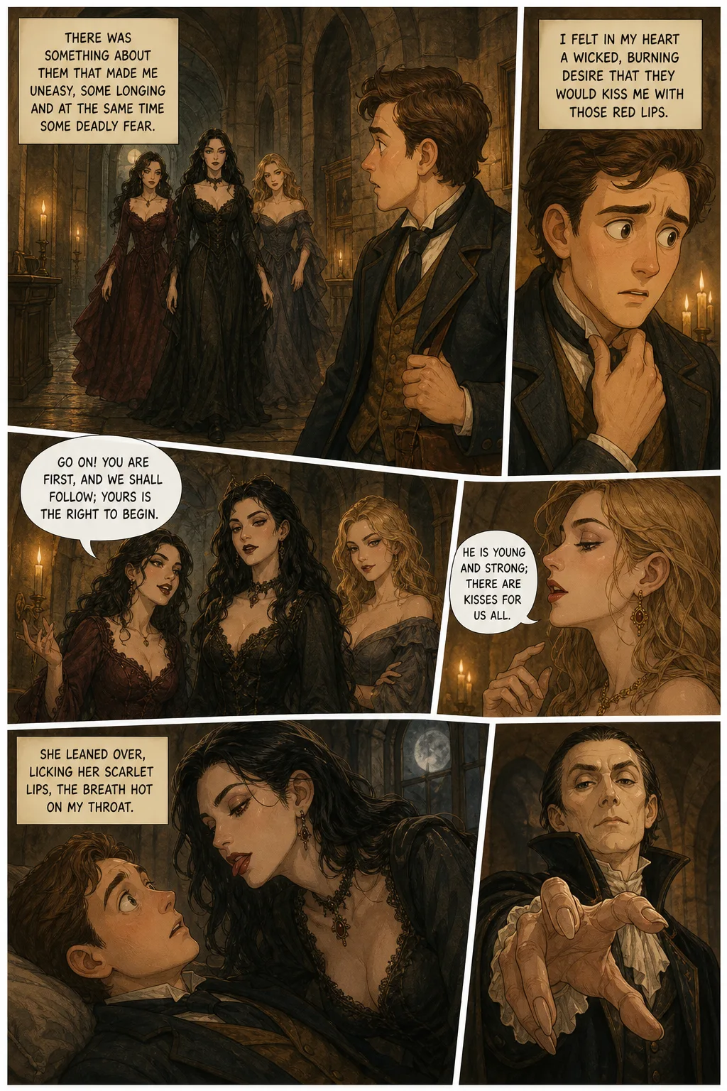 Dracula, illustrated page 15: There was something about them that made me uneasy, some longing and at the same time some deadly fear.