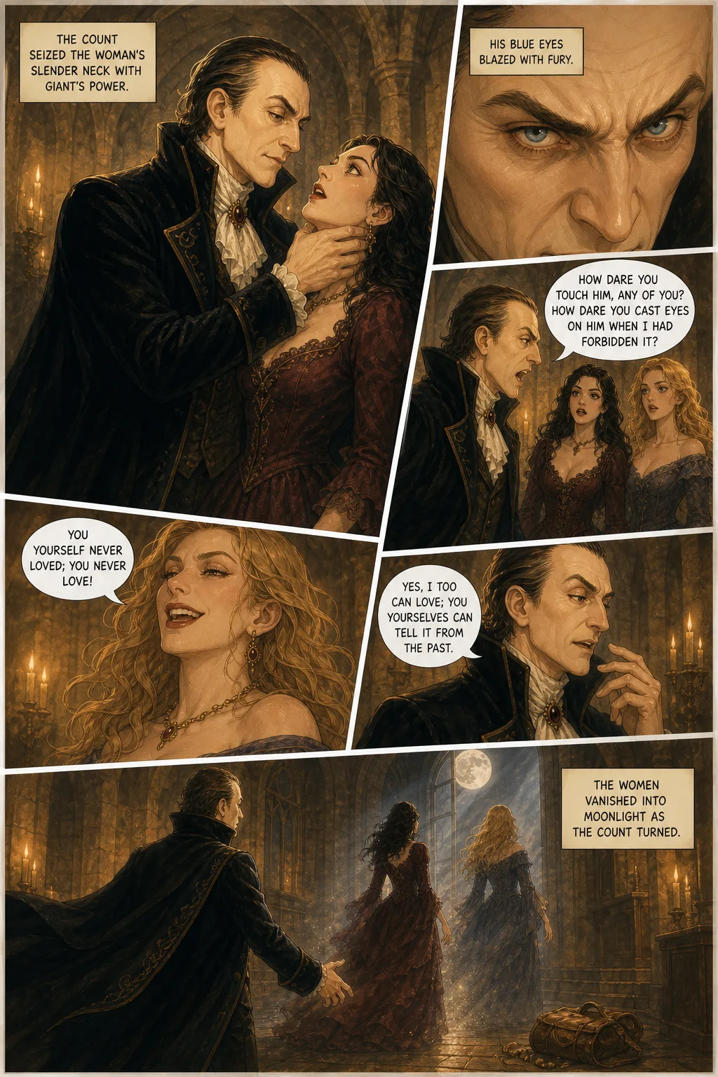 Dracula, illustrated page 16: The Count seized the woman's slender neck with giant's power.
