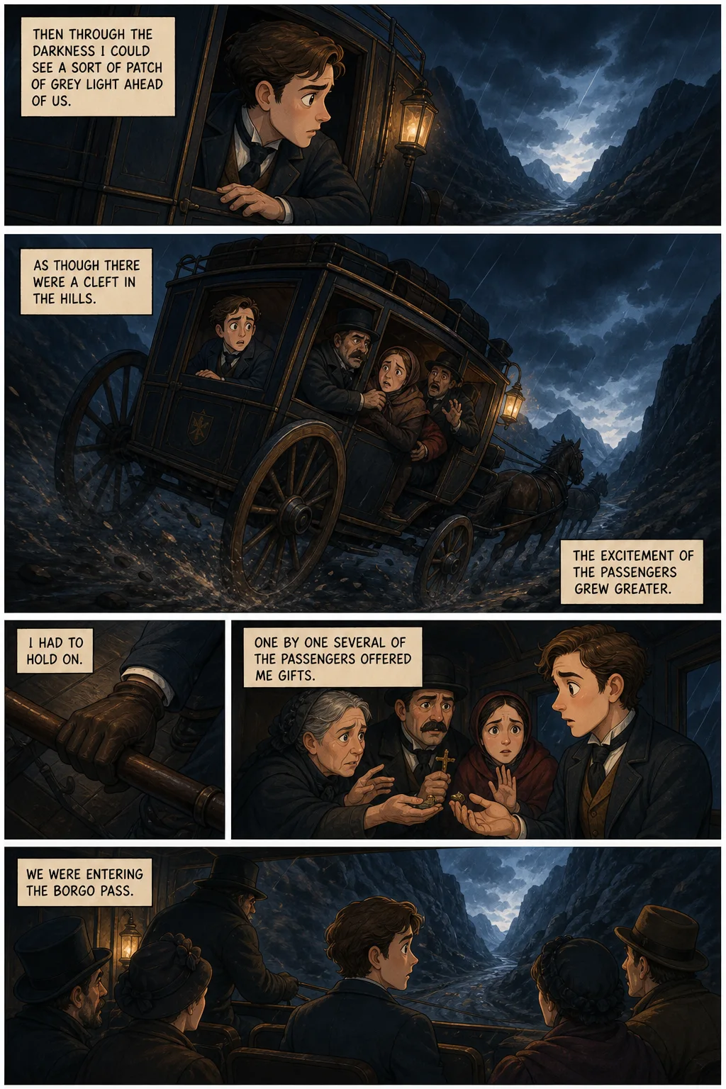Dracula, illustrated page 19: Then through the darkness I could see a sort of patch of grey light ahead of us,