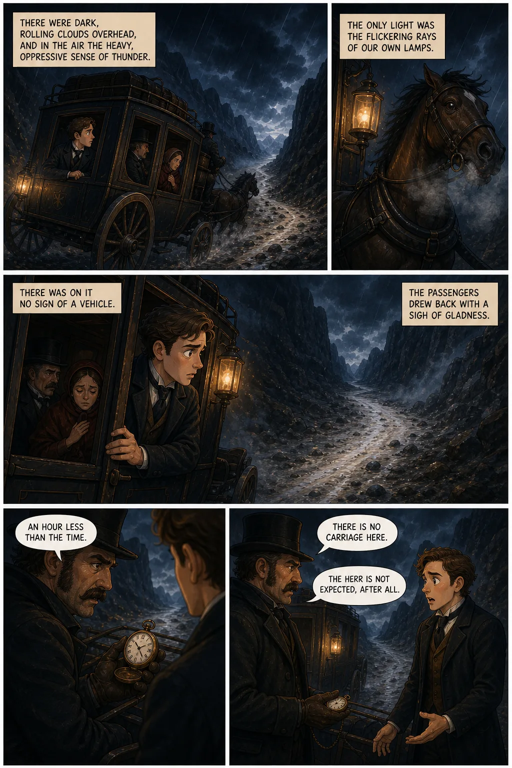 Dracula, illustrated page 20: There were dark, rolling clouds overhead, and in the air the heavy, oppressive sense of thunder.