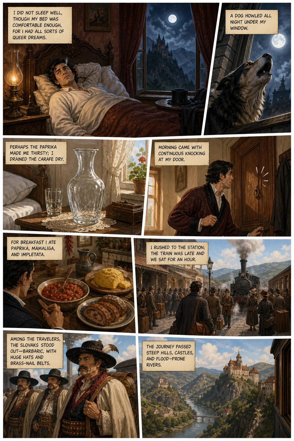 Dracula, illustrated page 3: I did not sleep well, though my bed was comfortable enough, for I had all sorts of queer dreams.