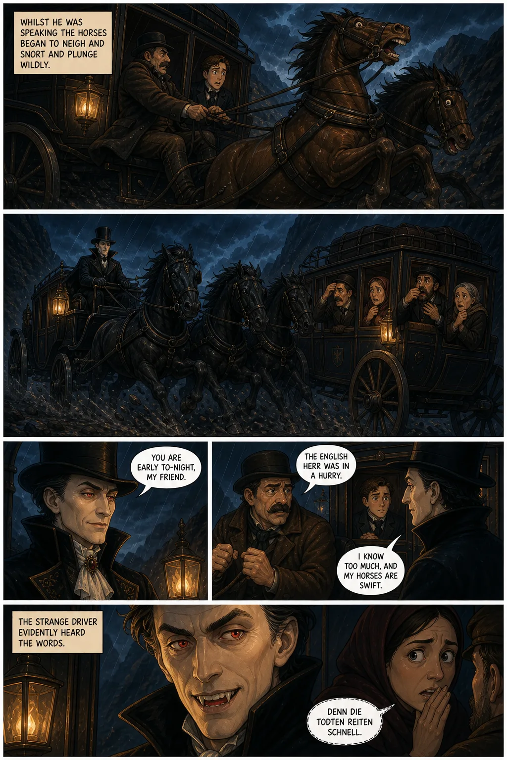 Dracula, illustrated page 21: Whilst he was speaking the horses began to neigh and snort and plunge wildly,