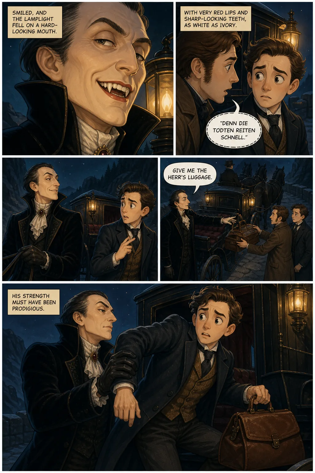 Dracula, illustrated page 22: smiled, and the lamplight fell on a hard-looking mouth,