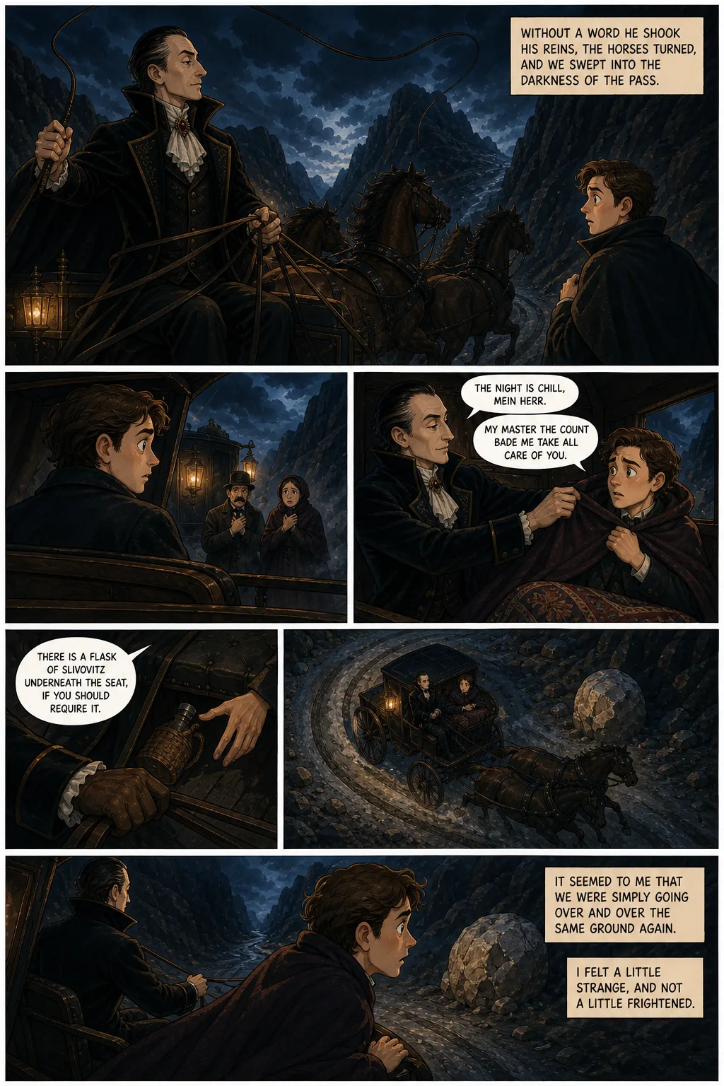 Dracula, illustrated page 23: Without a word he shook his reins, the horses turned, and we swept into the darkness of the Pass.