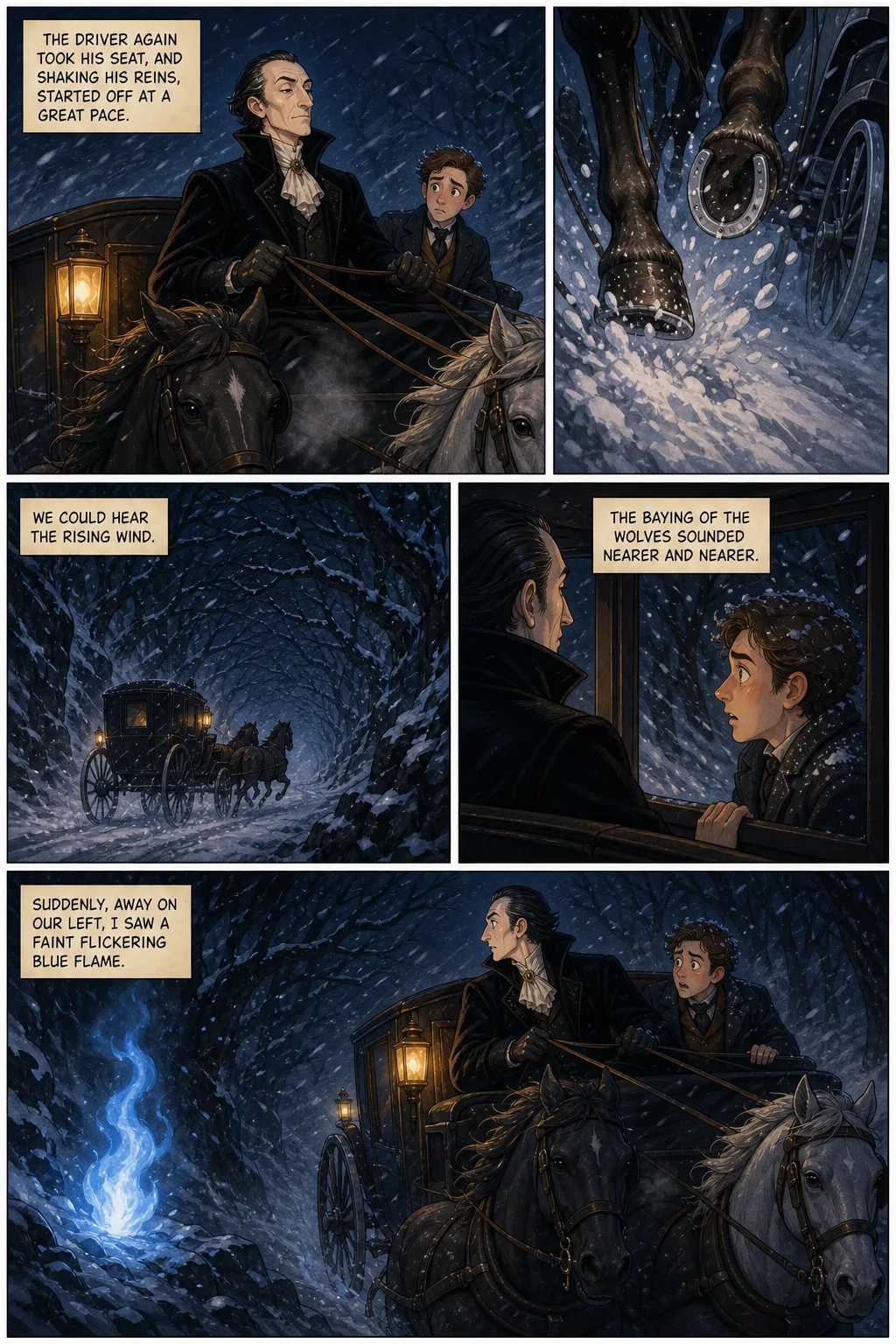Dracula, illustrated page 25: The driver again took his seat, and shaking his reins, started off at a great pace.