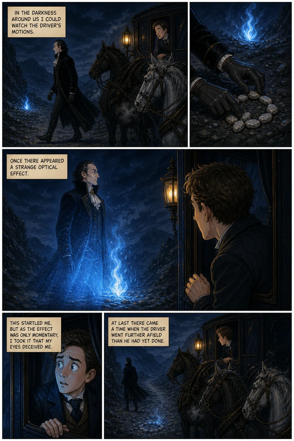 Dracula, illustrated page 27: in the darkness around us I could watch the driver’s motions.