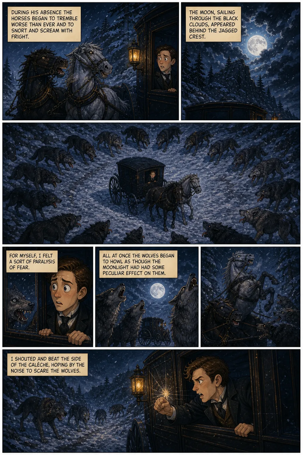 Dracula, illustrated page 28: during his absence the horses began to tremble worse than ever and to snort and scream with fright.