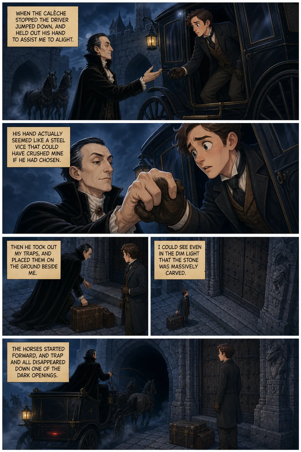Dracula, illustrated page 30: When the calèche stopped the driver jumped down, and held out his hand to assist me to alight.