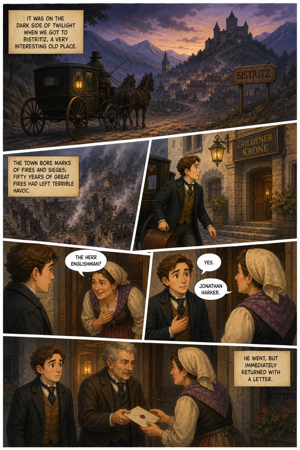 Dracula, illustrated page 4: It was on the dark side of twilight when we got to Bistritz, a very interesting old place.