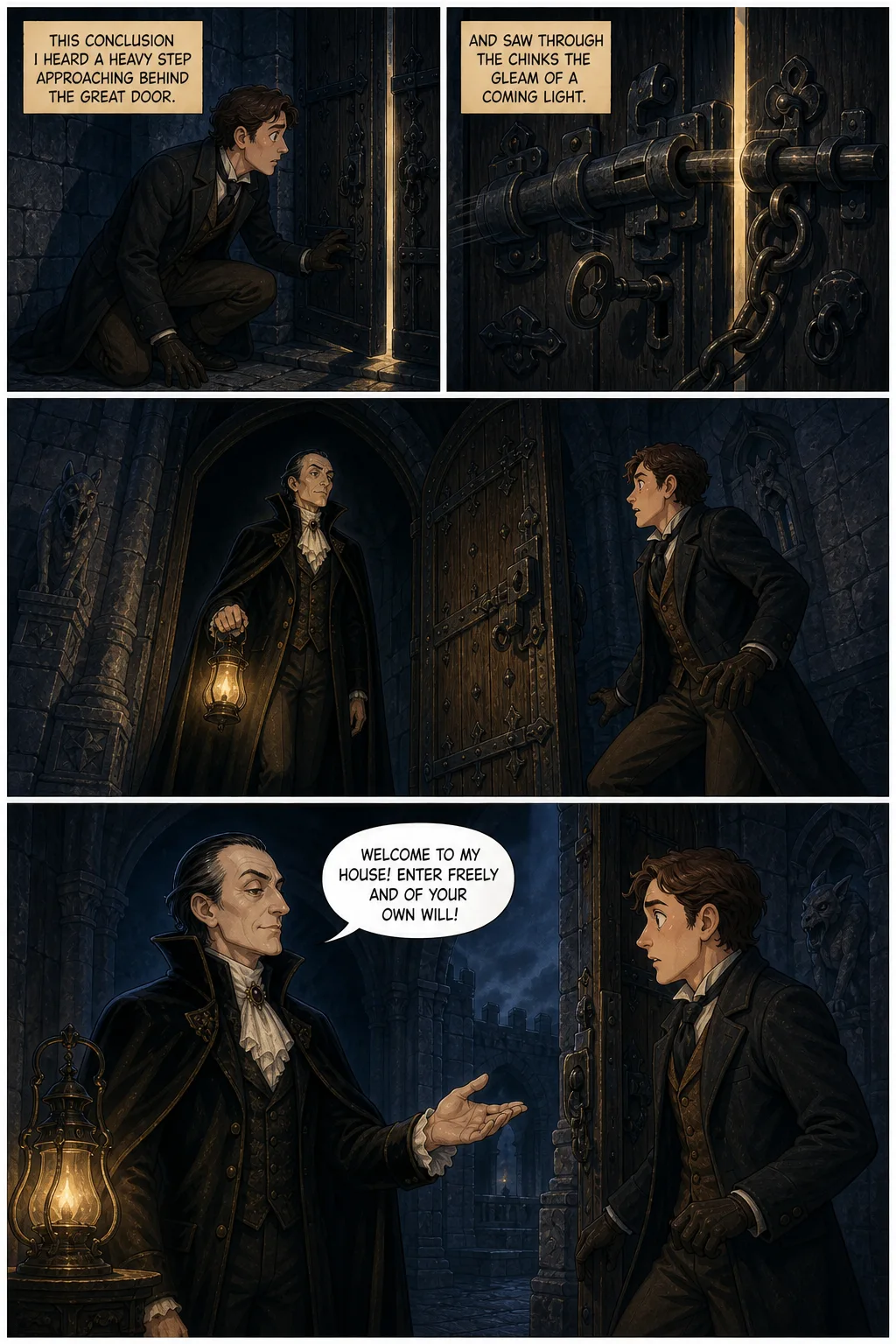 Dracula, illustrated page 32: this conclusion I heard a heavy step approaching behind the great door,