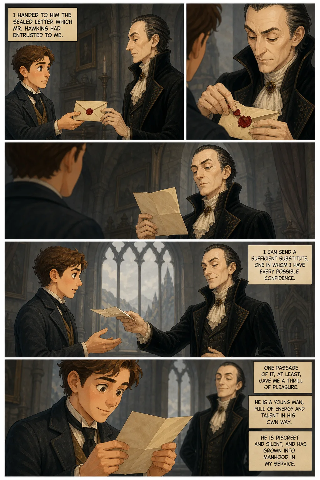 Dracula, illustrated page 36: I handed to him the sealed letter which Mr. Hawkins had entrusted to me.
