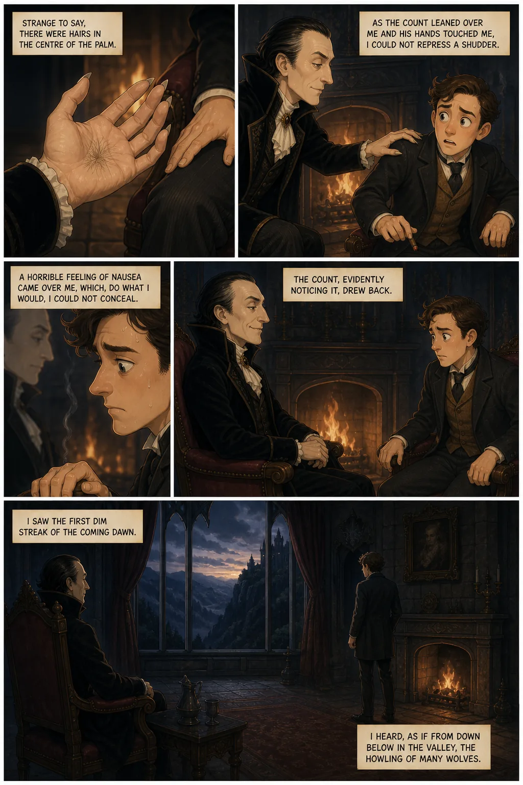 Dracula, illustrated page 38: Strange to say, there were hairs in the centre of the palm.