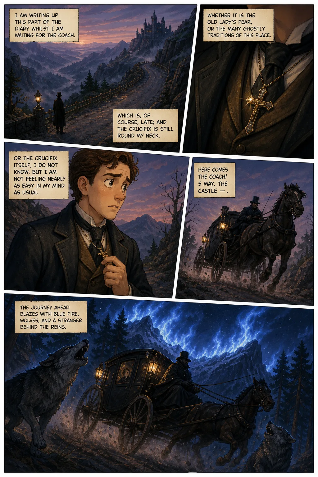 Dracula, illustrated page 6: I am writing up this part of the diary whilst I am waiting for the coach,