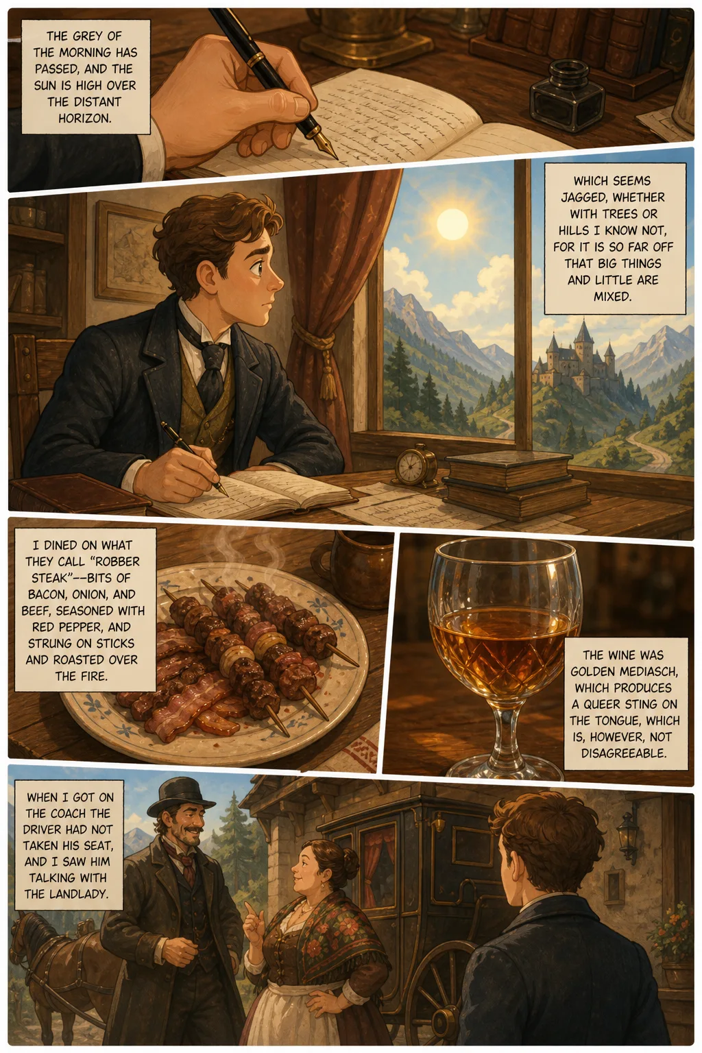 Dracula, illustrated page 7: The grey of the morning has passed, and the sun is high over the distant horizon,