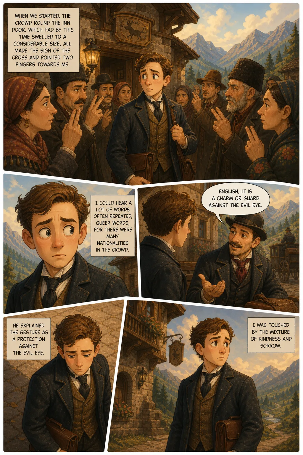 Dracula, illustrated page 8: When we started, the crowd round the inn door, which had by this time swelled to a considerable size, all made the sign of the cross and pointed two fingers ...