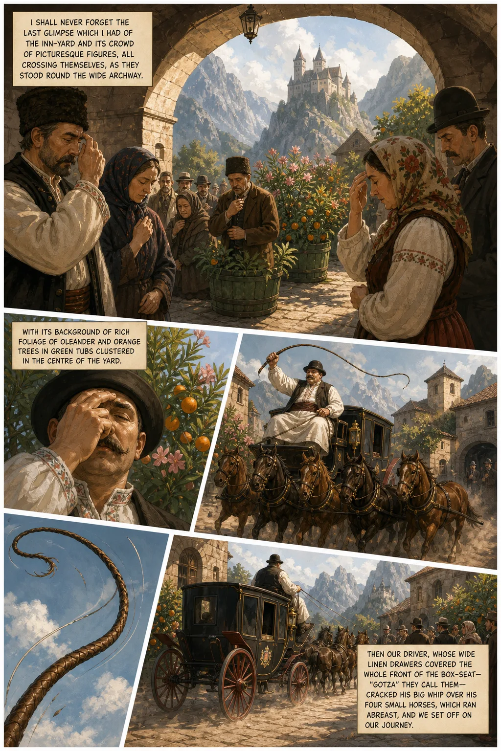 Dracula, illustrated page 9: I shall never forget the last glimpse which I had of the inn-yard and its crowd of picturesque figures, all crossing themselves, as they stood round the wide...