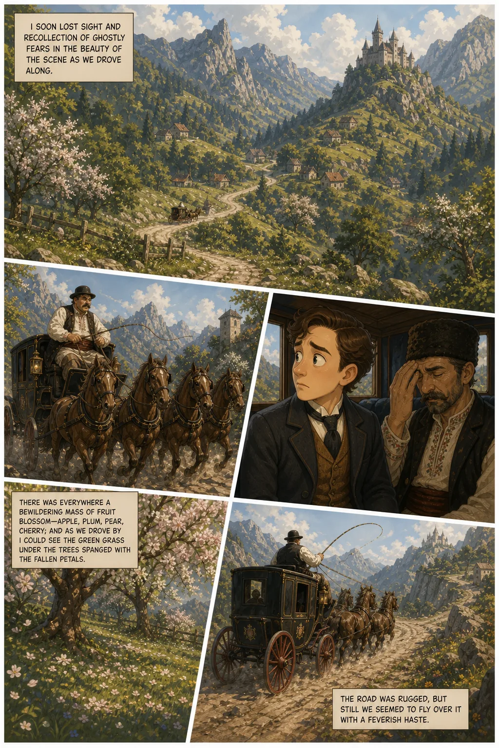 Dracula, illustrated page 10: I soon lost sight and recollection of ghostly fears in the beauty of the scene as we drove along,
