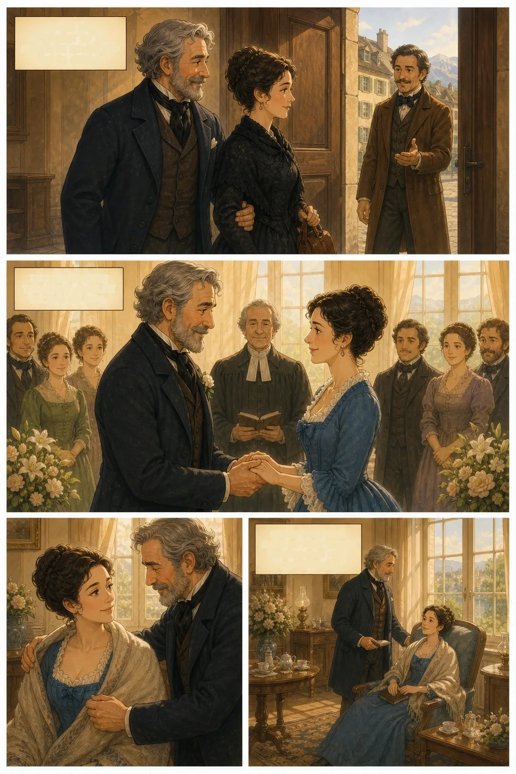 Frankenstein, illustrated page 4: After the interment of his friend, he conducted her to Geneva.