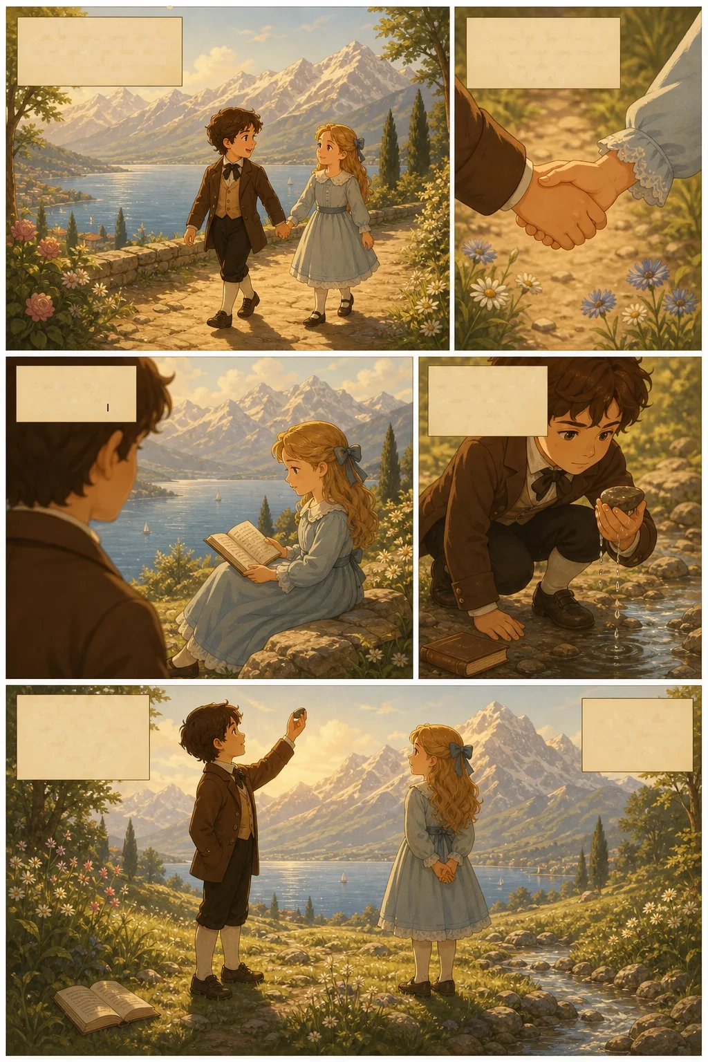Frankenstein, illustrated page 7: We were brought up together; there was not quite a year difference in our ages.