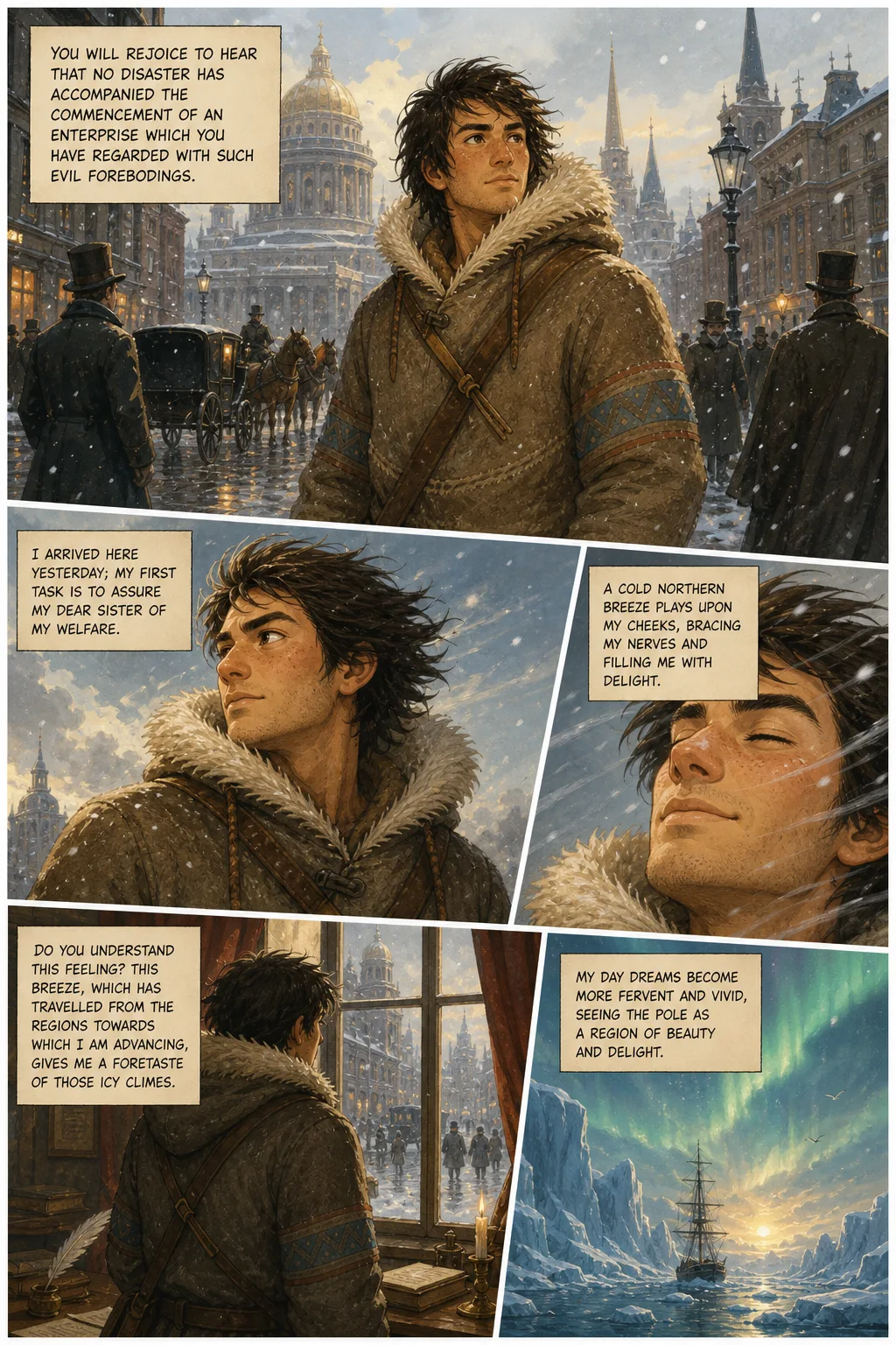 Frankenstein, illustrated page 1: You will rejoice to hear that no disaster has accompanied the commencement of an enterprise which you have regarded with such evil forebodings.
