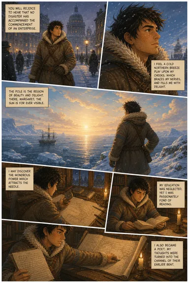 A drawn page from the comic edition of Frankenstein