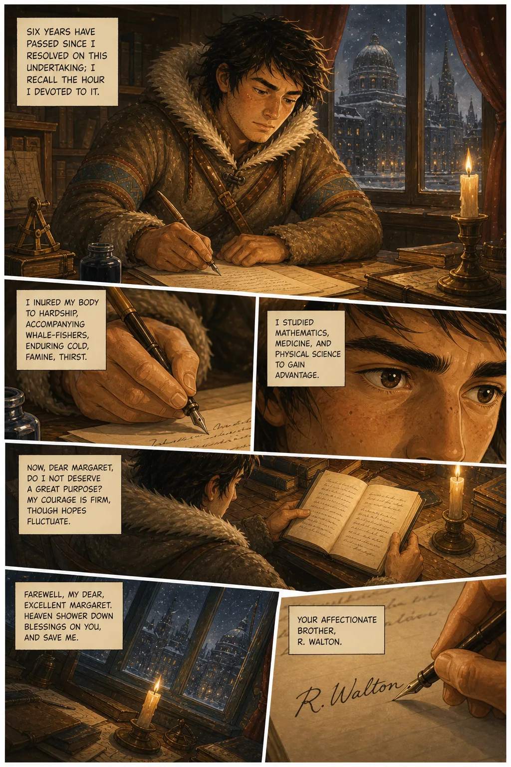 Frankenstein, illustrated page 2: Six years have passed since I resolved on this undertaking; I recall the hour I devoted to it.