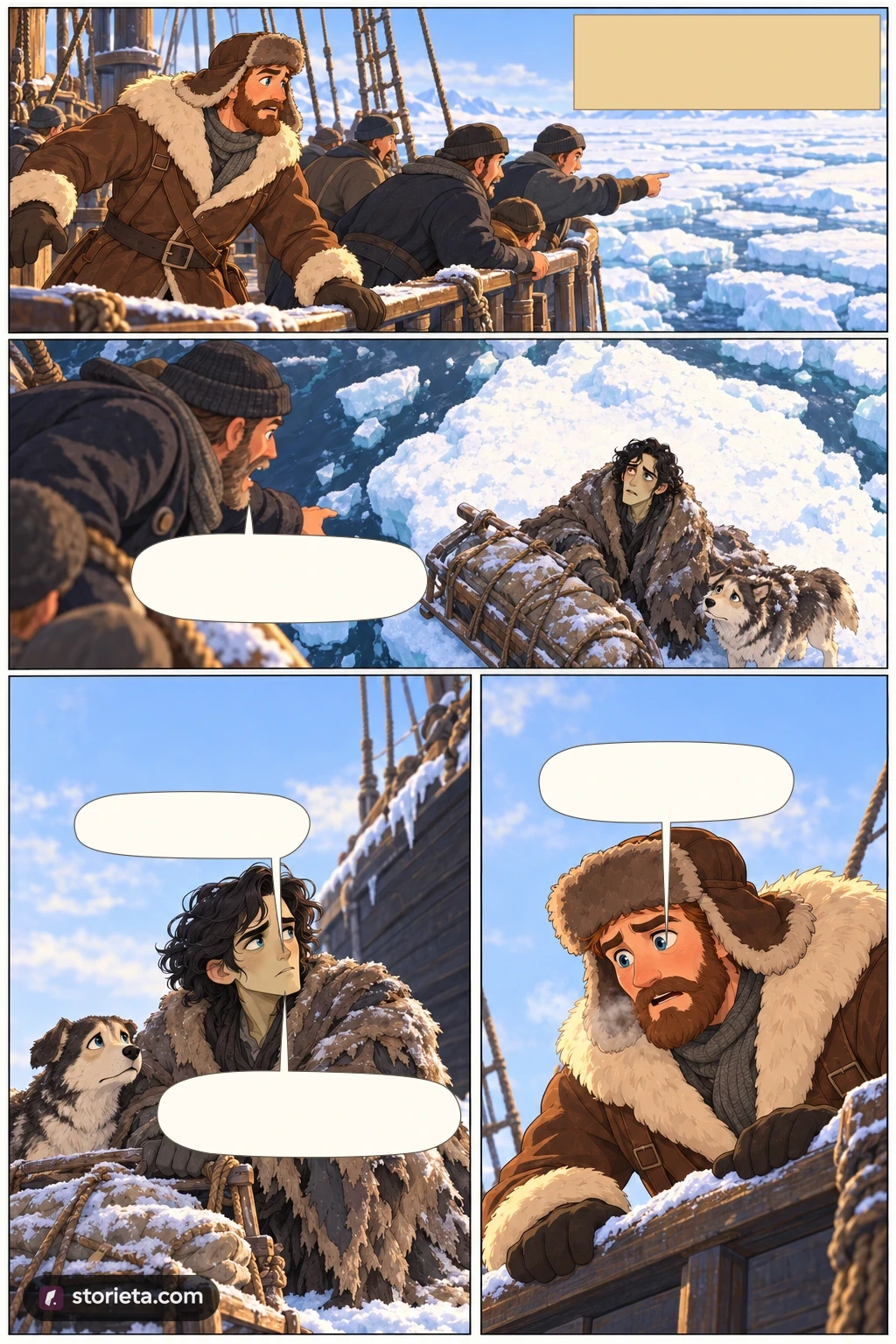 Frankenstein, illustrated page 2: In the morning a sledge had drifted to us on a fragment of ice.