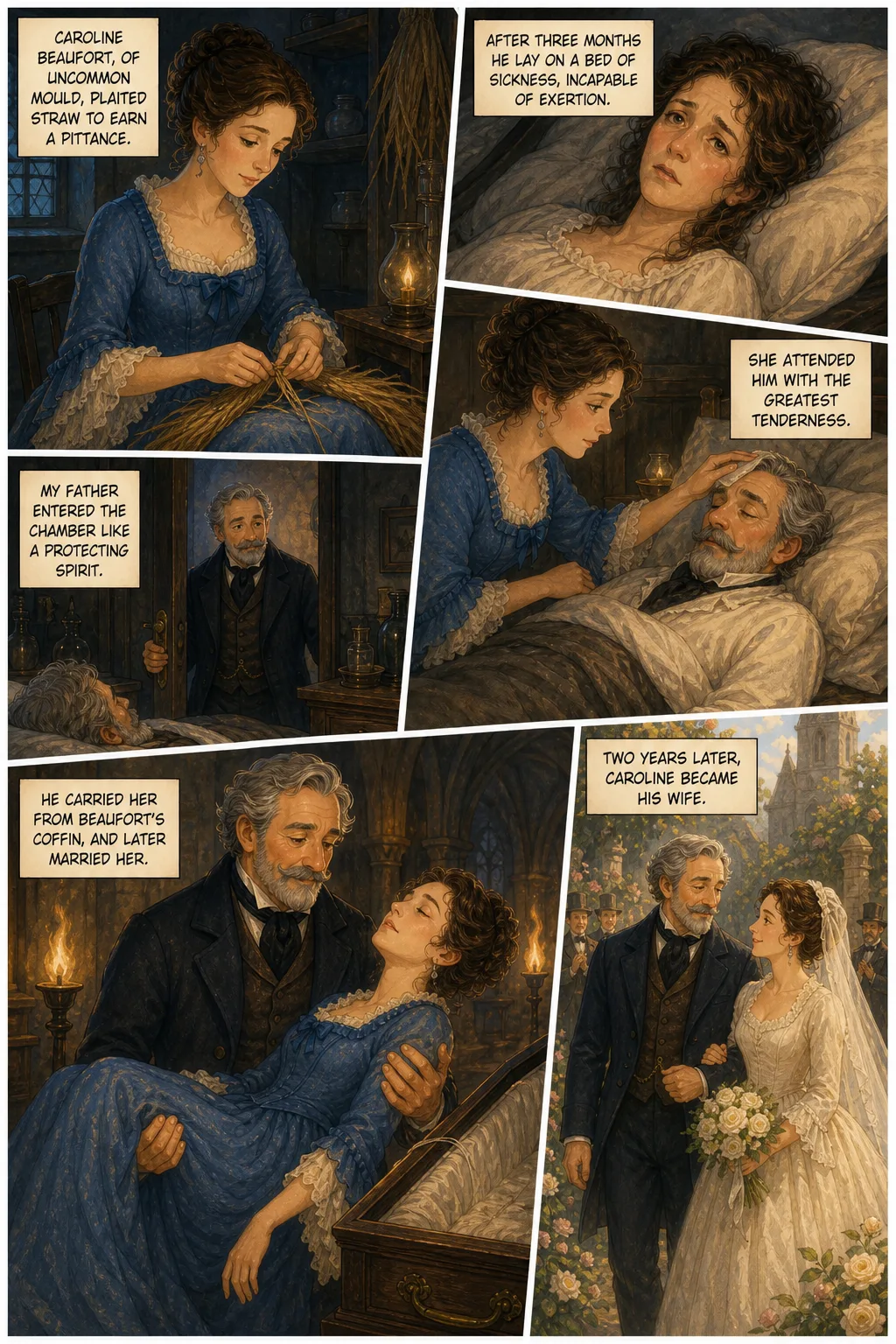 Frankenstein, illustrated page 11: Caroline Beaufort, of uncommon mould, plaited straw to earn a pittance.