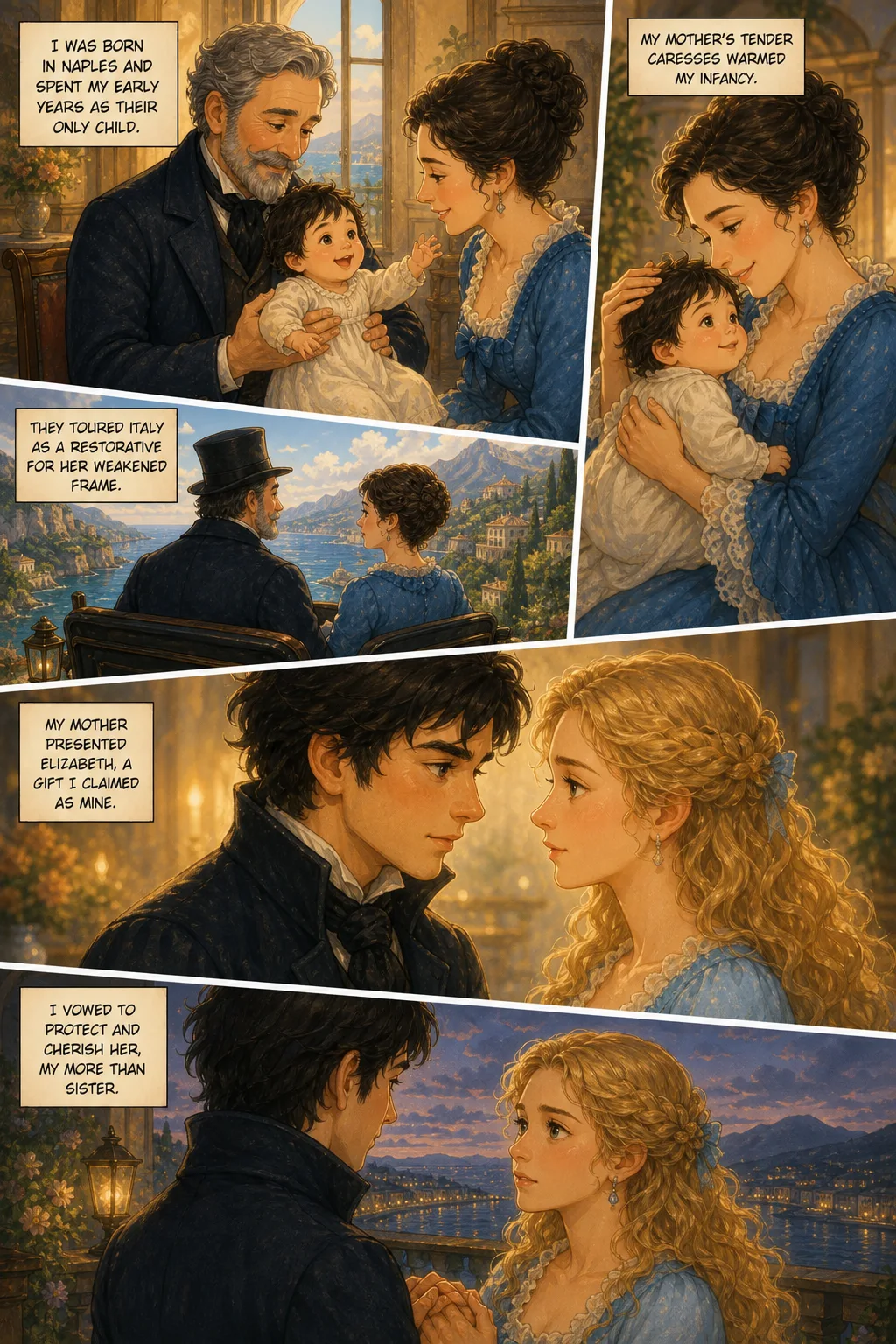 Frankenstein, illustrated page 12: I was born in Naples and spent my early years as their only child.