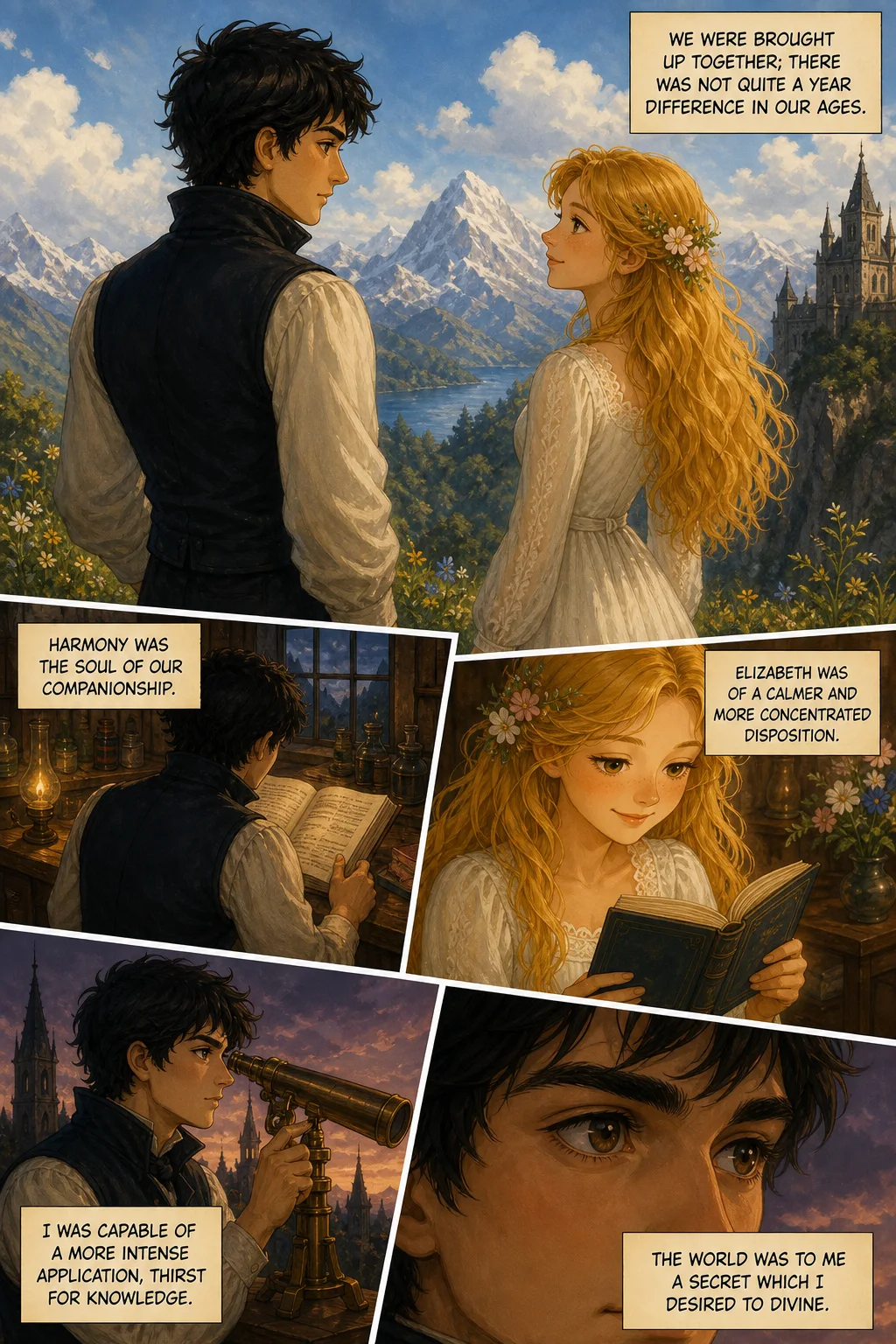 Frankenstein, illustrated page 13: We were brought up together; there was not quite a year difference in our ages.