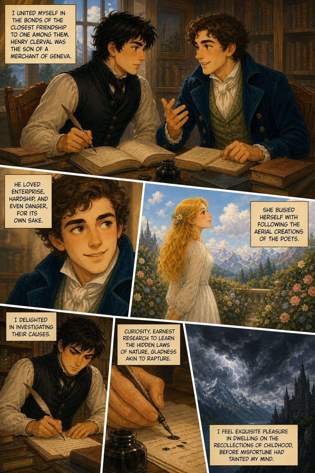 Frankenstein, illustrated page 14: I united myself in the bonds of the closest friendship to one among them. Henry Clerval was the son of a merchant of Geneva.