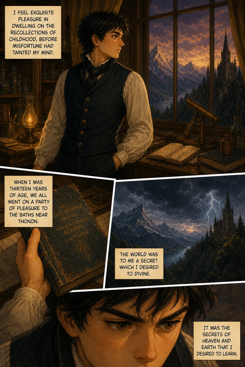 Frankenstein, illustrated page 16: I feel exquisite pleasure in dwelling on the recollections of childhood, before misfortune had tainted my mind.