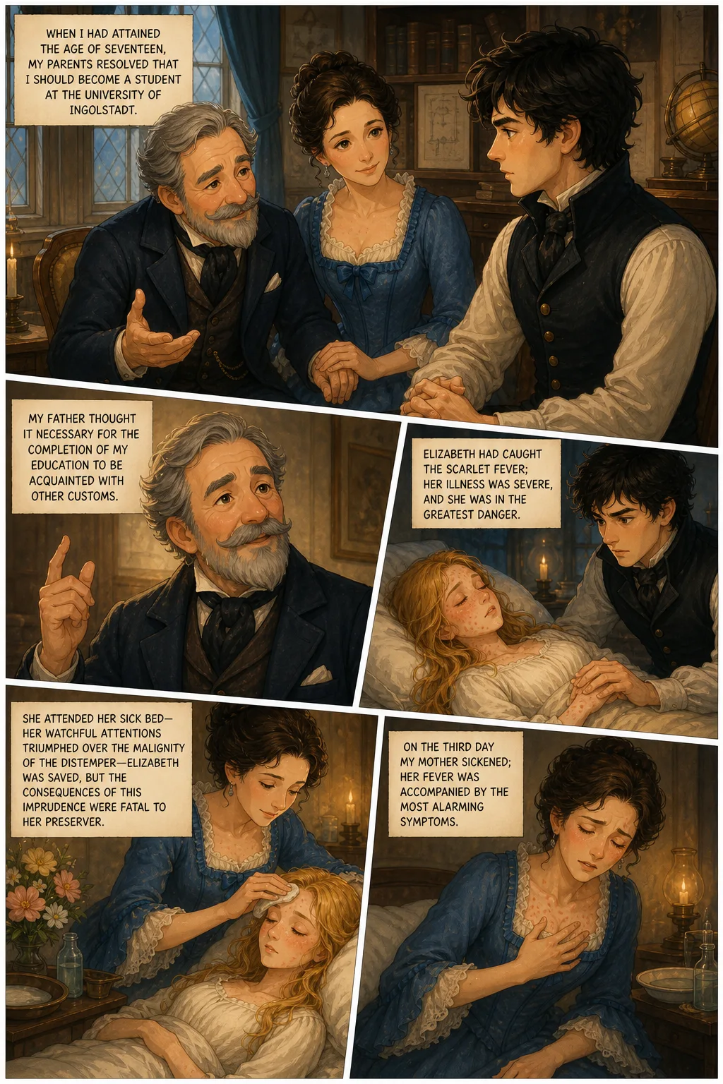 Frankenstein, illustrated page 17: When I had attained the age of seventeen, my parents resolved that I should become a student at the university of Ingolstadt.