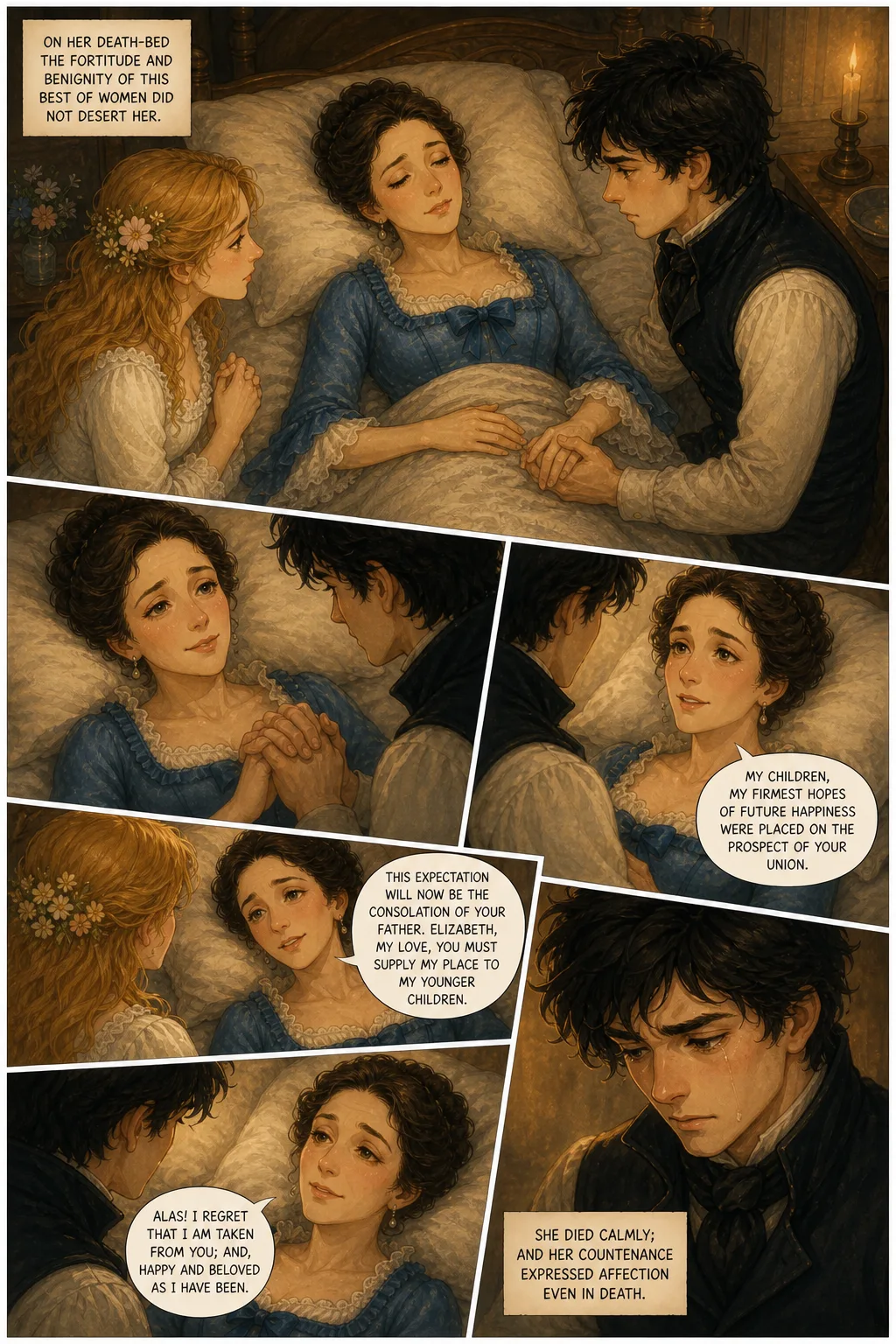 Frankenstein, illustrated page 18: On her death-bed the fortitude and benignity of this best of women did not desert her.