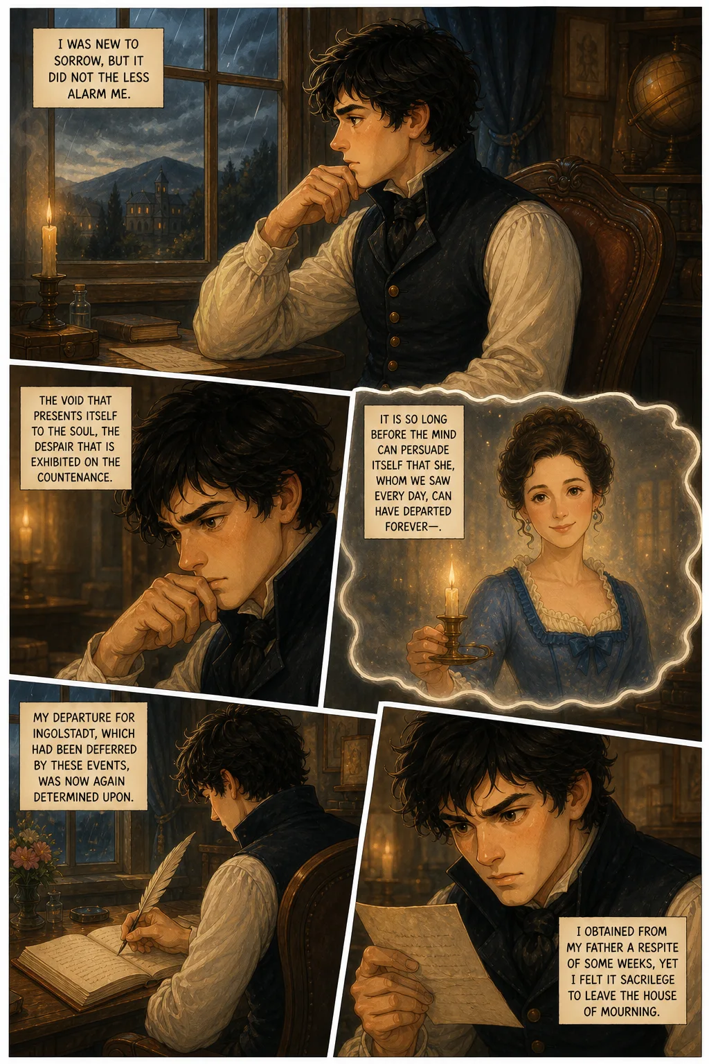Frankenstein, illustrated page 19: I was new to sorrow, but it did not the less alarm me.