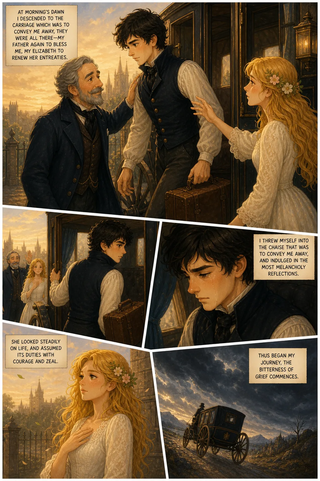 Frankenstein, illustrated page 20: At morning's dawn I descended to the carriage which was to convey me away, they were all there—my father again to bless me, my Elizabeth to renew her entreat...